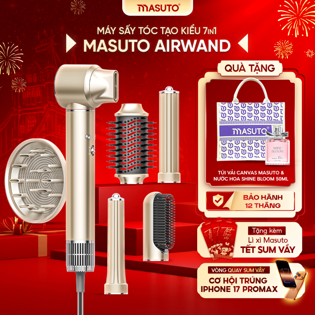   Premium 2026  Máy Sấy Tóc Tạo Kiểu Masuto AirWand Champagne Gold Công Nghệ Ion Shield Care 