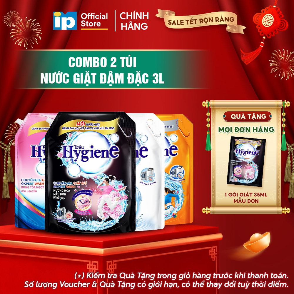  Combo 2 Nước Giặt Đậm Đặc Hygiene 3L  Dịu Êm  Ánh Dương Hạnh Phúc  Mẫu Đơn  Bung Toả Ngọt Ngào  