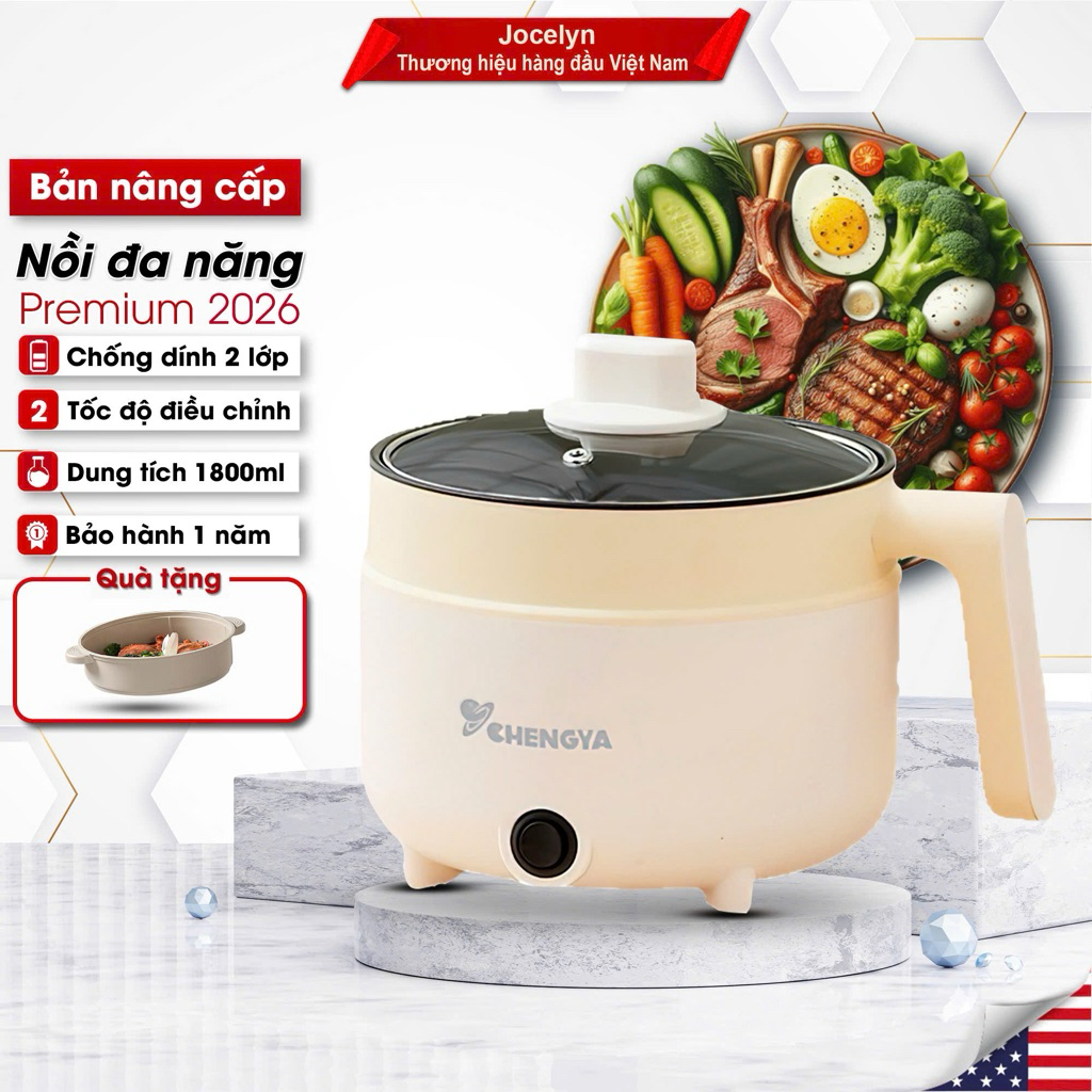 Nồi điện đa năng JOCELYN  lẩu điện 1.8L chống dính công suất 600W ăn mì nấu lẩu kèm xửng hấp