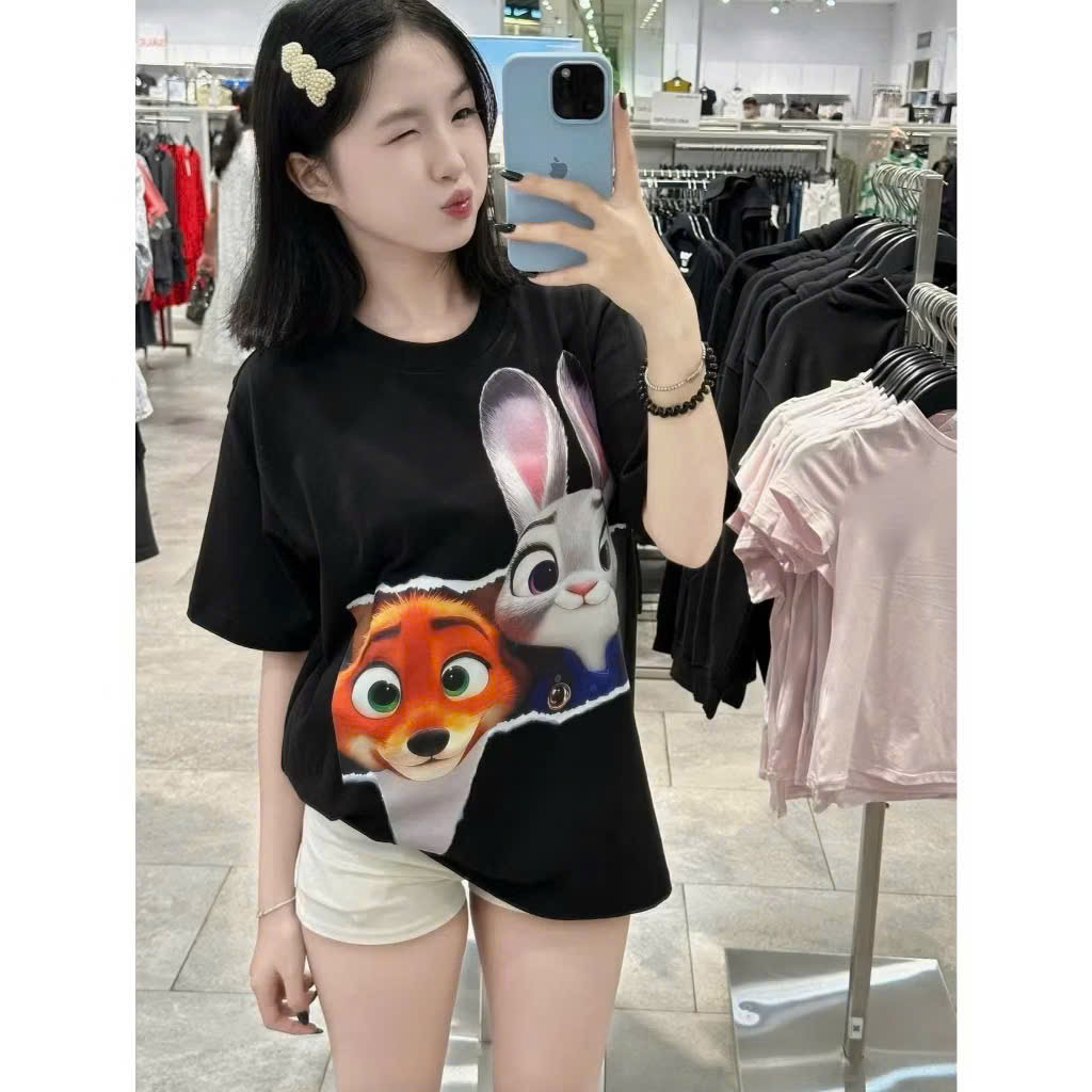 Áo phông nam nữ form rộng in hình thỏ và cáo cực xinh