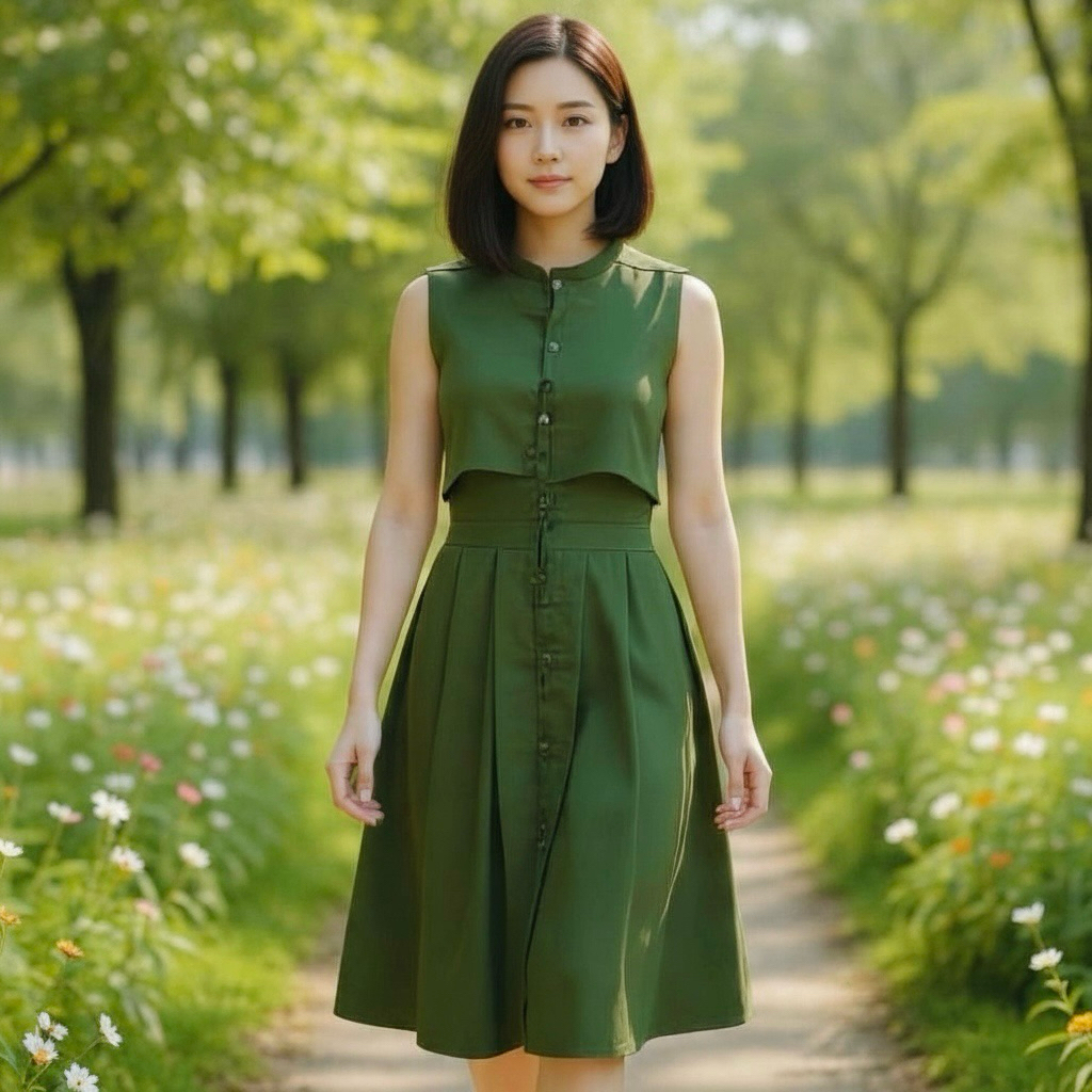 Đầm cổ trụ sát nách màu rêu 2 lớp (kèm hình thật)