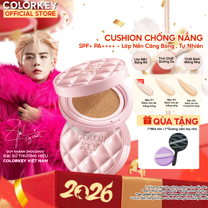  Cushion Chống Nắng SPF 50+ PA++++ COLORKEY Kẻ Ô Hồng Mỏng Nhẹ Giữ Lớp Make-Up Lâu Trôi 11g 
