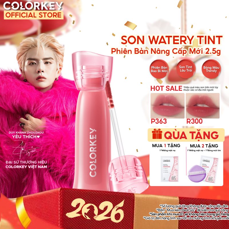   MỚI  Son COLORKEY Watery Tint Phiên Bản Mới Bền Màu Lâu Trôi Không Dính Cốc Siêu Mịn Môi 2.5g 