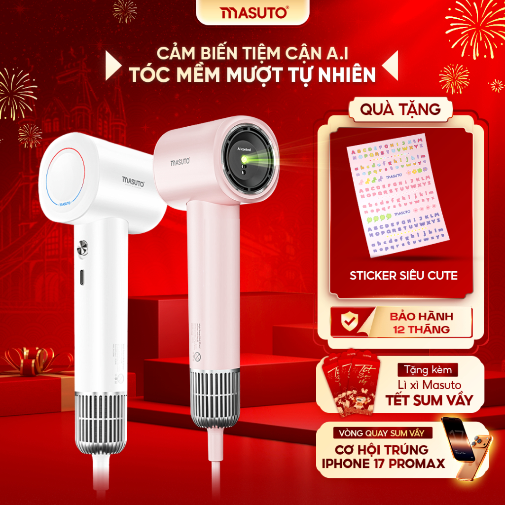 Máy sấy tóc AI ion âm Masuto SkyAI cảm biến tự động điều chỉnh nhiệt độ bảo vệ da đầu tối ưu
