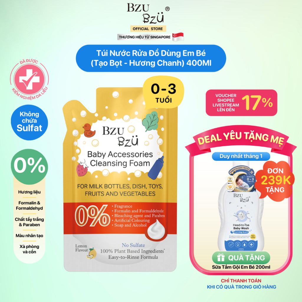  Nước Rửa Bình Sữa Và Đồ Dùng Em Bé BZU BZU Thuần Thực Vật 