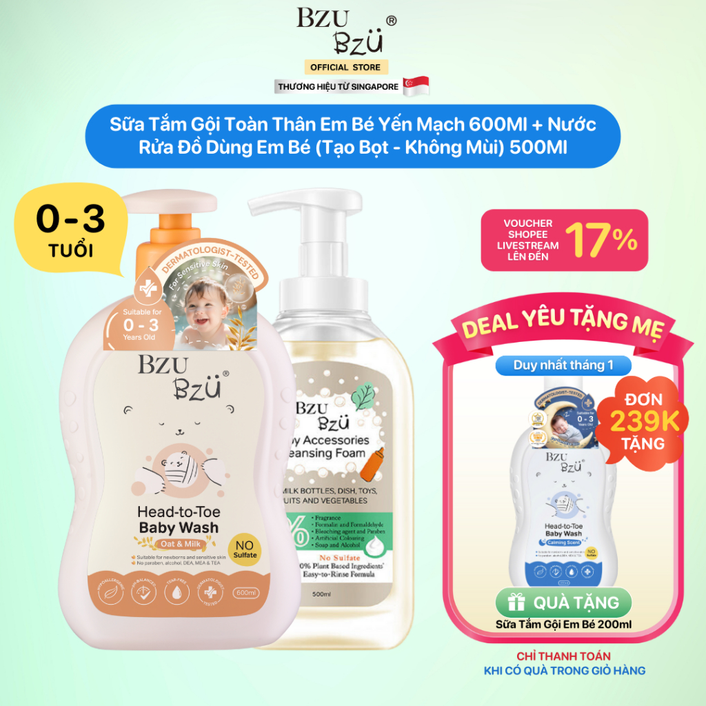Combo 2 Sữa Tắm Gội Toàn Thân Em Bé Yến Mạch 600ml & Nước Rửa Bình Em Bé Tạo Bọt 500ml