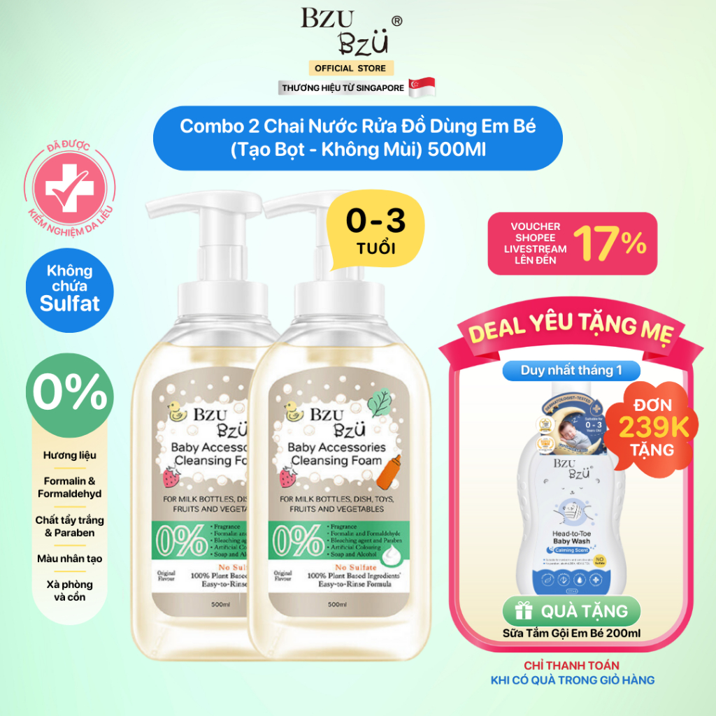   KOL  Combo 2 Nước Rửa Bình Sữa Và Đồ Dùng Em Bé BZU BZU tTừ Thực Vật 500mlx2 