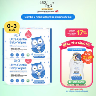   30 tờ bịch  Combo 2 Khăn Ướt Không Cồn Không Parabens An Toàn Cho Mẹ và Bé BZU BZU Ultra Gentle Baby Wipes Gói 30 Tờ 