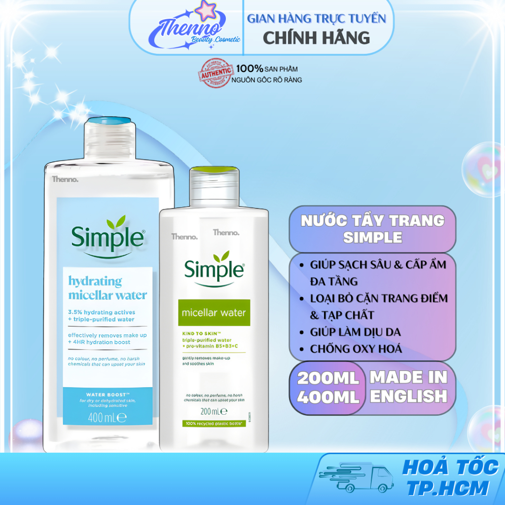 Nước Tẩy Trang Simple Kind To Skin Hydrating Micellar Cleansing Water 200ml/400ml Anh Quốc - Dành Ch