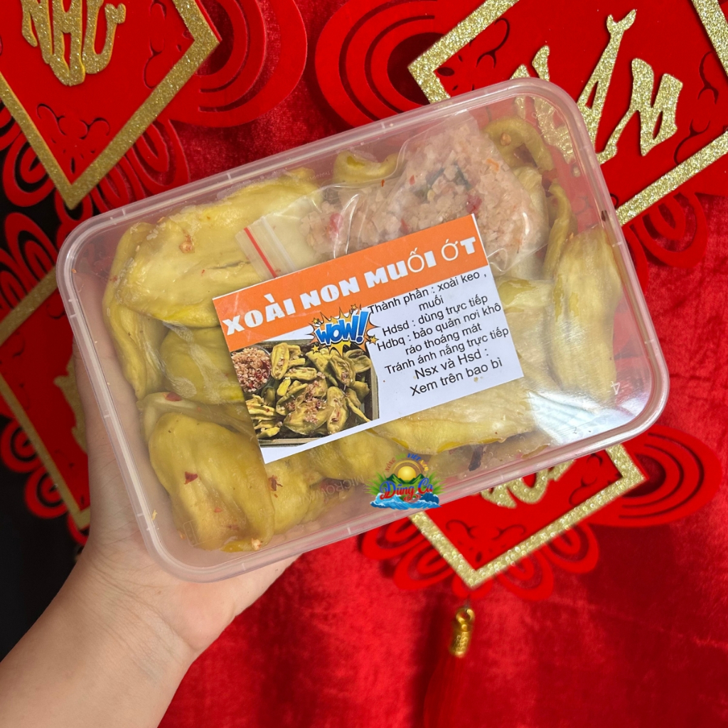 [Mứt Tết] Xoài non rim muối ớt, xoài non tẩm muối ớt cay hộp 500g, xoài non giòn chua vị muối ớt, kh