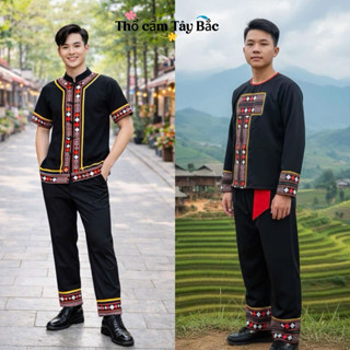  Bộ quần áo Nam dân tộc H'mong cộc tay và dài tay phối thổ cẩm truyền thống 