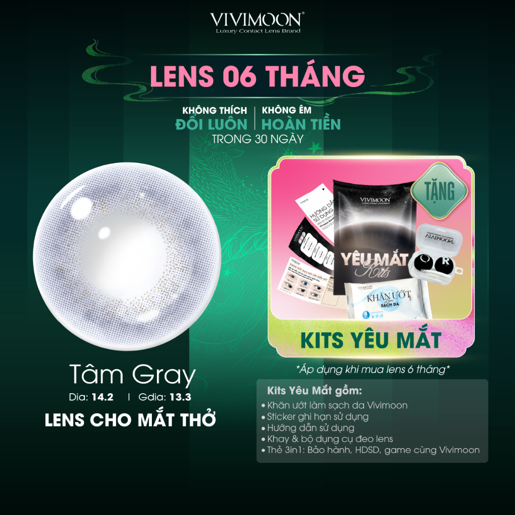  Kính áp tròng VIVIMOON màu xám TÂM GRAY lens cận cho mắt thở hạn sử dụng 6 tháng độ cận 0-8 