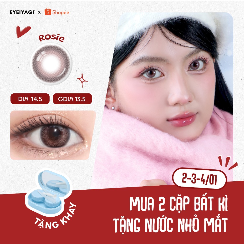  Kính áp tròng EYEIYAGI lens nâu ánh hồng Rosie giãn tròng to 14.5mm lens cận 3 tháng  0-8 độ  