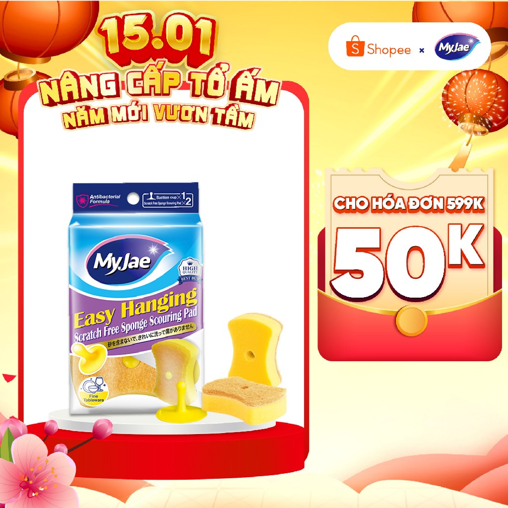 Set 2 miếng bọt biển rửa chén bát mút xốp MyJae đa năng kèm miếng nhựa hít kê - Gọn gàng, tiện lợi