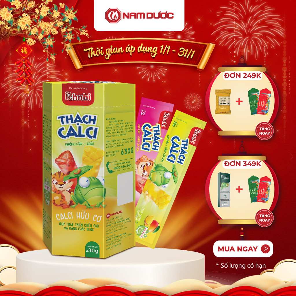 Thực phẩm bổ sung ÍCH NHI THẠCH CALCI HƯƠNG DÂU, XOÀI, bổ sung calci hữu cơ cho bé, Hộp 21 túix30gr