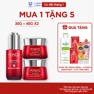  Combo Serum và Kem dưỡng ngày & đêm Pond's Age Miracle mờ đốm nâu nếp nhăn với 50X Hexyl-Retinol 30G+45G+45G 