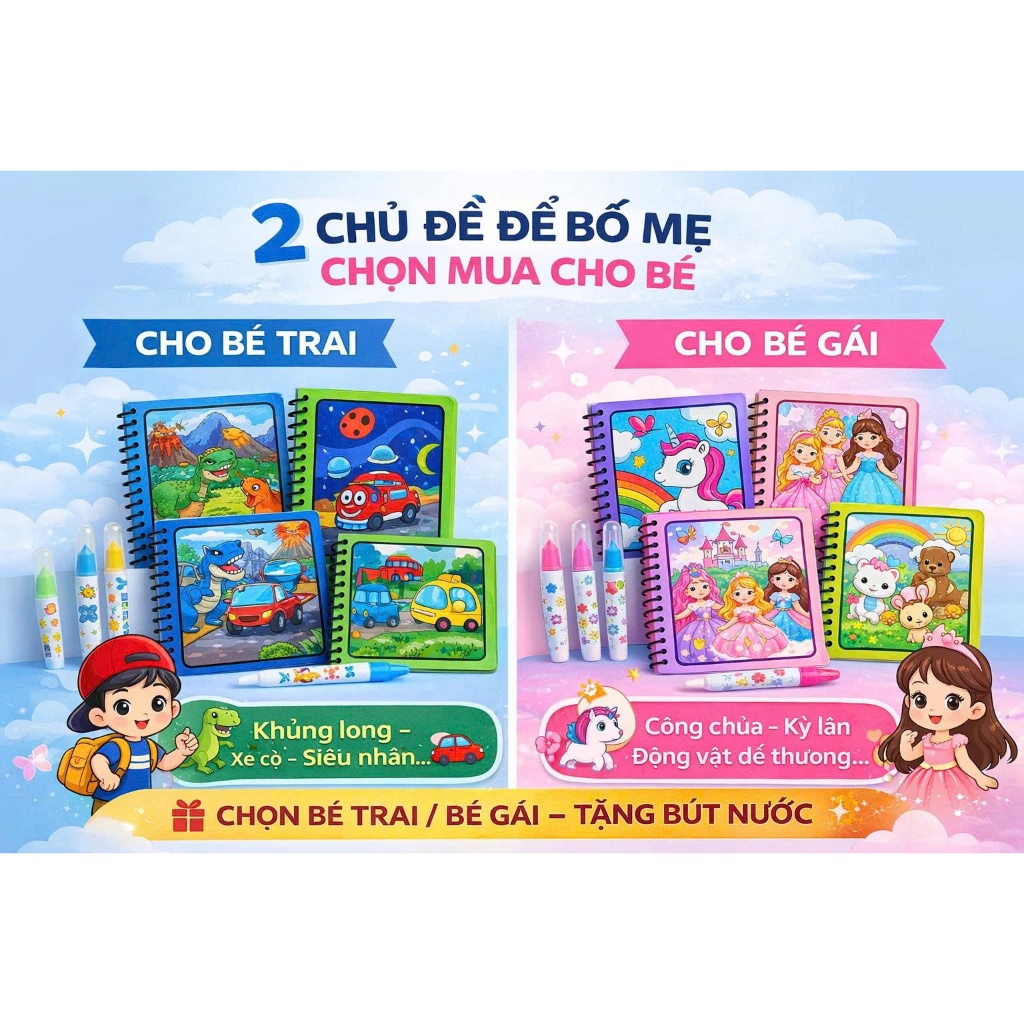 Sách Tô Màu Nước Ma Thuật Cho Bé | Combo 5 Quyển TẶNG 5 Bút – Đổ Nước Hiện Màu – Tái Sử Dụng – Bé Trai/Bé Gái