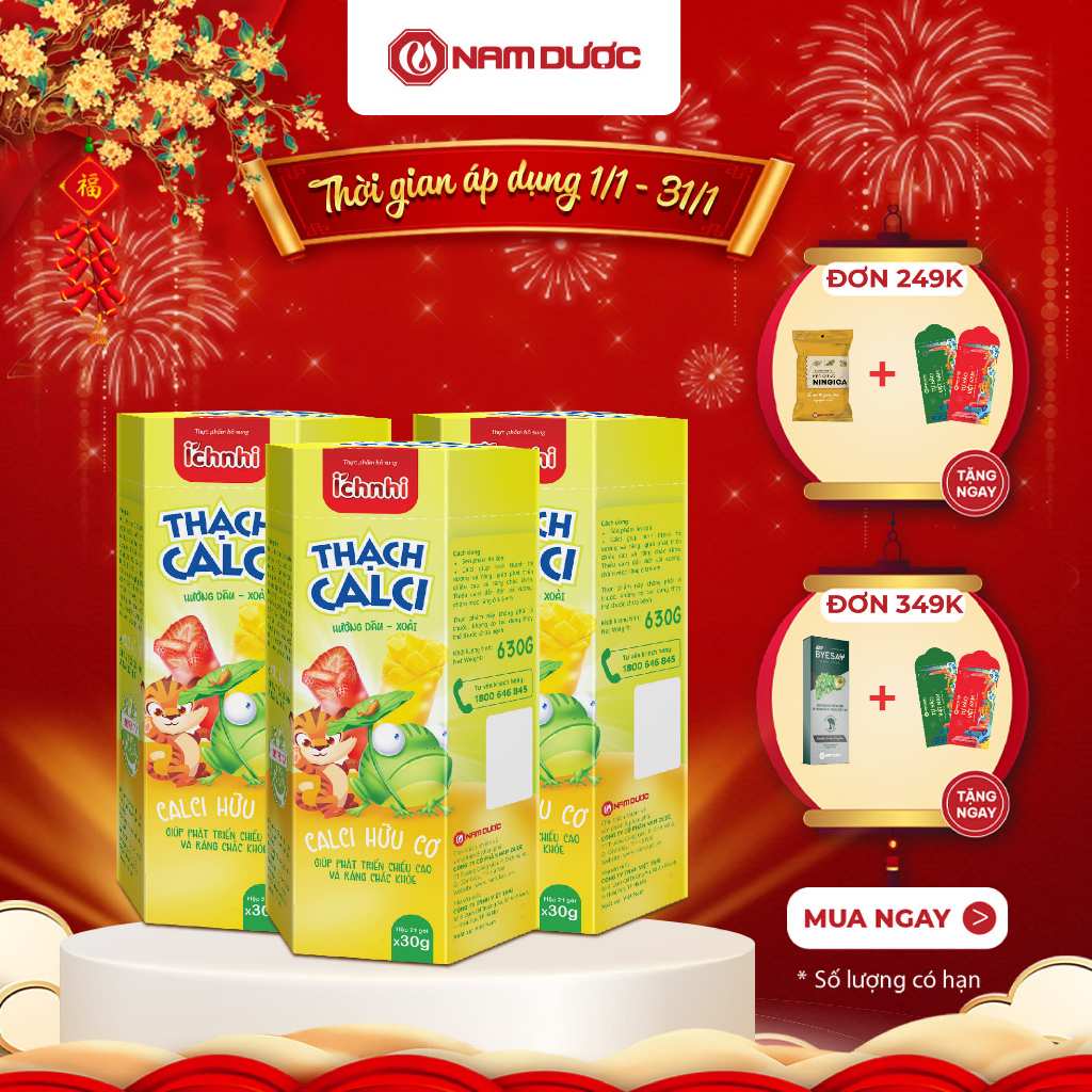 3HỘP Thực phẩm bổ sung ÍCH NHI THẠCH CALCI HƯƠNG DÂU, XOÀI, bổ sung calci hữu cơ cho bé (21túix30gr)