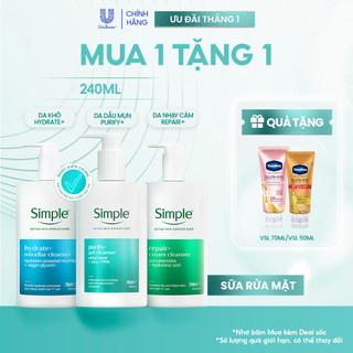   MỚI  Sữa Rửa Mặt Simple 240ml Purify+ Giảm Mụn Sau 7 Ngày Repair+ Phục Hồi Da Hydrate+ Giúp Da Trông Căng Mướt  