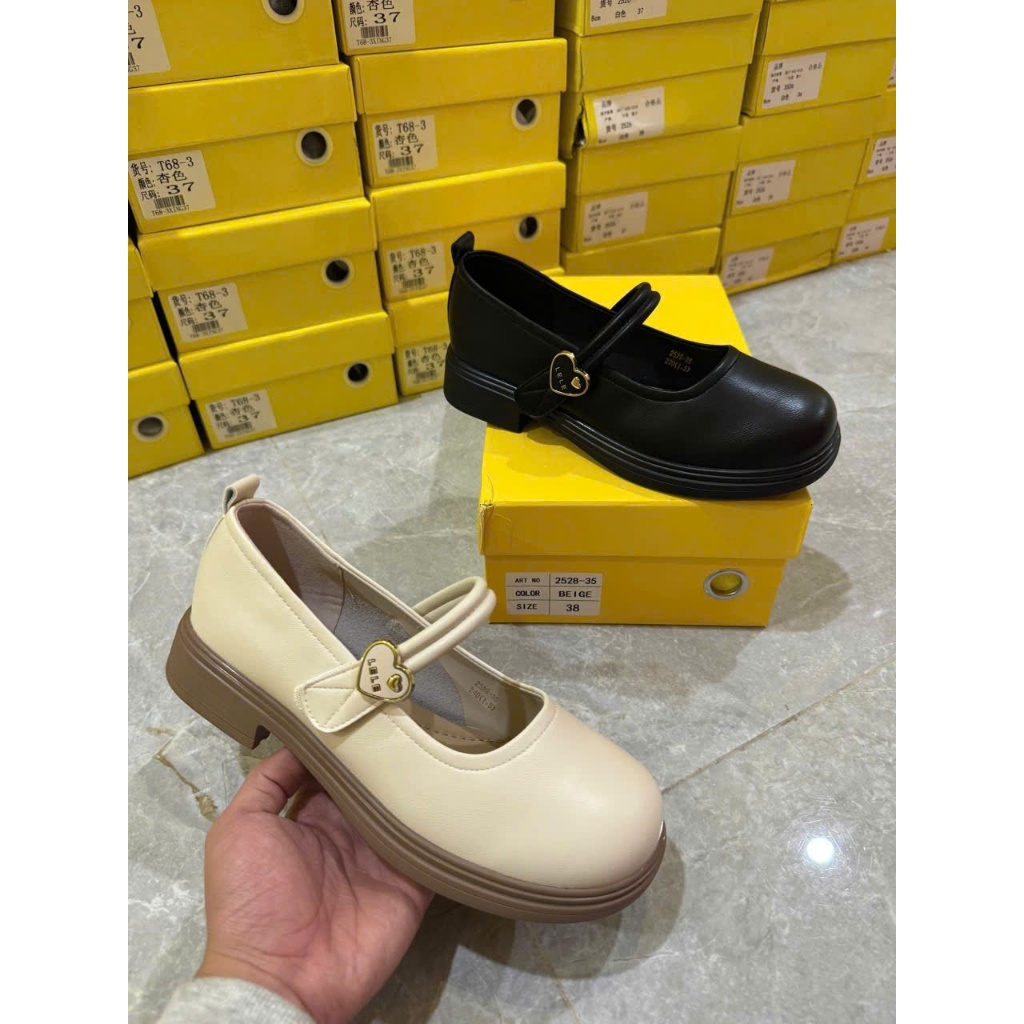 Giày mary jane nữ BEESHOES da lì, quai ngang mũi tròn đế vuông cao 3 phân sẵn màu kem - đen MJ101 (F