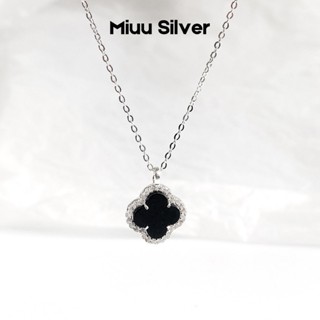  Dây chuyền nữ bạc 925 Miuu Silver vòng cổ Cỏ 4 Lá đính đá đen Clover Necklace 