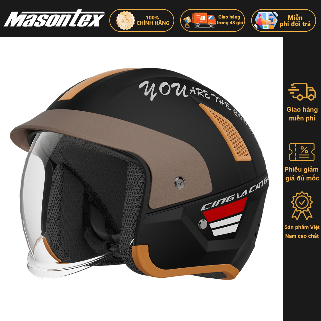 Mũ Bảo Hiểm Retro Masontex 706 Mẫu Mới, Nửa Đầu, Kính Gập Trong Suốt, Size 52–64cm, Đi Phượt