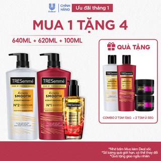  Combo 3 Bước TRESemmé Keratin Smooth Cho Tóc Khô Xơ Rối Vào Nếp Suôn Mượt Dầu Gội 640g+Dầu Xả 620g+Serum 100ml 