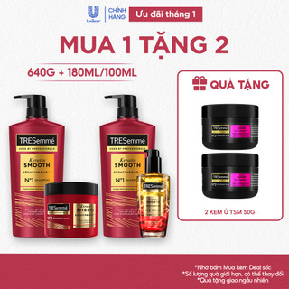  Combo 2 Bước TRESemmé Keratin Smooth Cho Tóc Khô Xơ Rối Vào Nếp Suôn Mượt Dầu Gội 640g + Kem Ủ 180ml hoặc Serum 100ml 