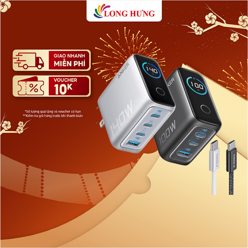 Combo Cốc Sạc Anker Zolo Fast Charging GaN Smart Display + Cáp USB Type-C to Type-C PD B2697/B121B -