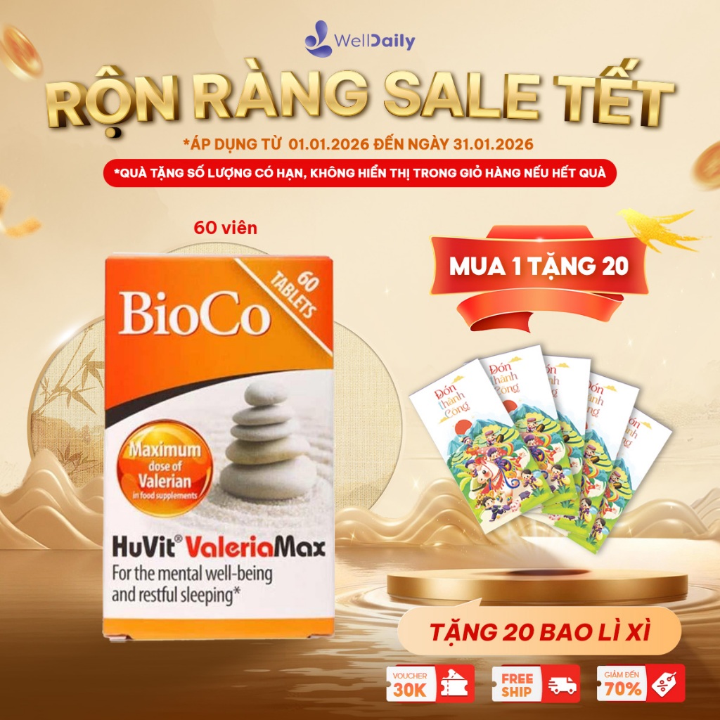 Viên uống hỗ trợ giấc ngủ an thần BioCo Huvit Valeria Max 60 viên