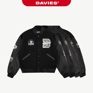  Áo khoác varsity jacket DAVIES nam nữ màu đen phối tay da form rộng hình thêu đẹp 