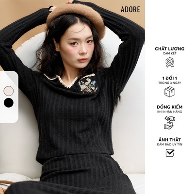 [ ADORE ] Áo len đen/kem cổ polo chạy diềm cổ 512BL1015