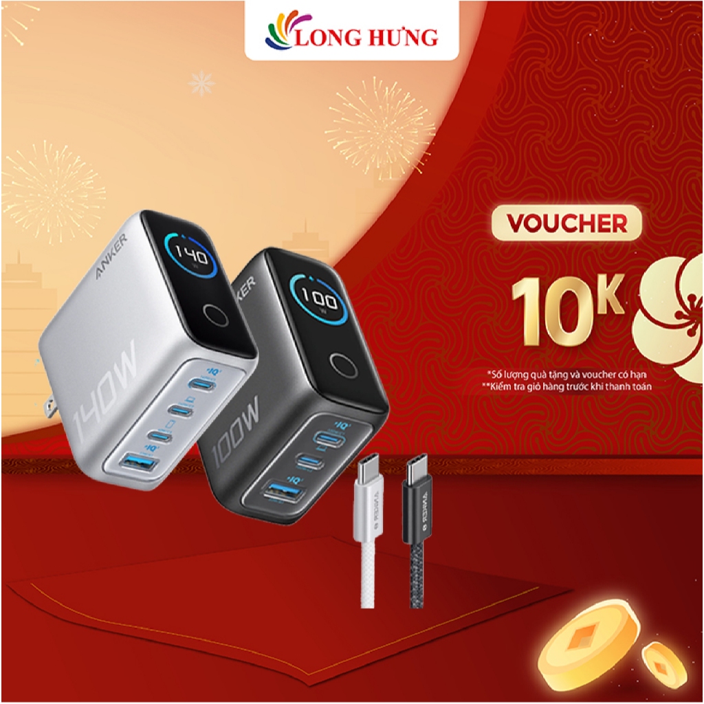 Combo Cốc Sạc Anker Zolo Fast Charging GaN Smart Display + Cáp USB Type-C to Type-C PD B2697/B121B -