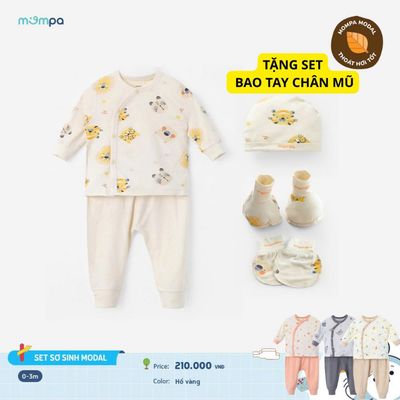Đồ sơ sinh bé trai bé gái Mompa dài tay kèm bao tay chân mũ 0-3 tháng vải Modal thấm hút 694
