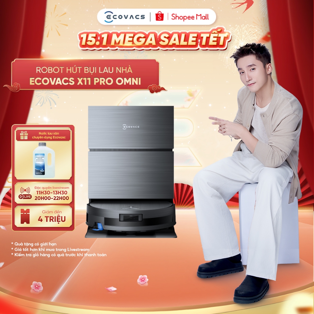 Robot hút bụi lau nhà Ecovacs DEEBOT X11 Pro Omni -Lực hút 19.500Pa - Pin 6400mAh - Thiết kế siêu mỏ