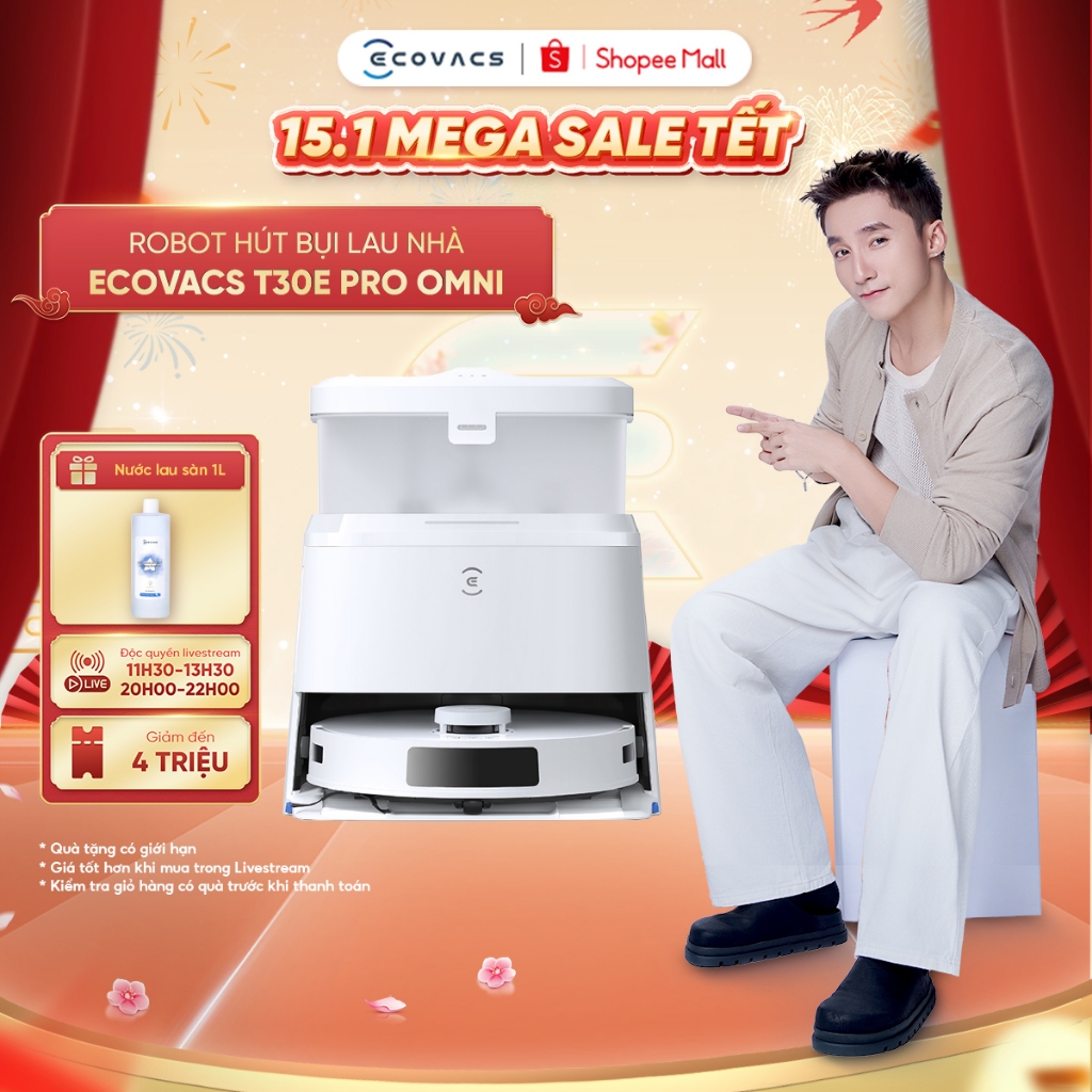 Robot hút bụi lau nhà Ecovacs Deebot T30e Pro Omni 11.000Pa - Pin 5200mAh - Tự động giặt giẻ bằng nư