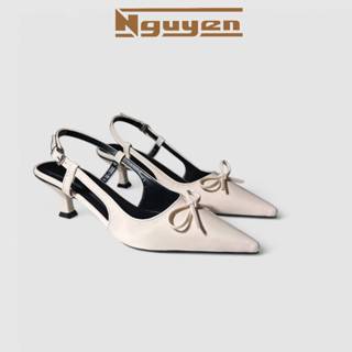   Chân ốm thon lùi size  Giày sục nữ cao 5p đính nơ xinh xắn Nguyễn Gia N223 