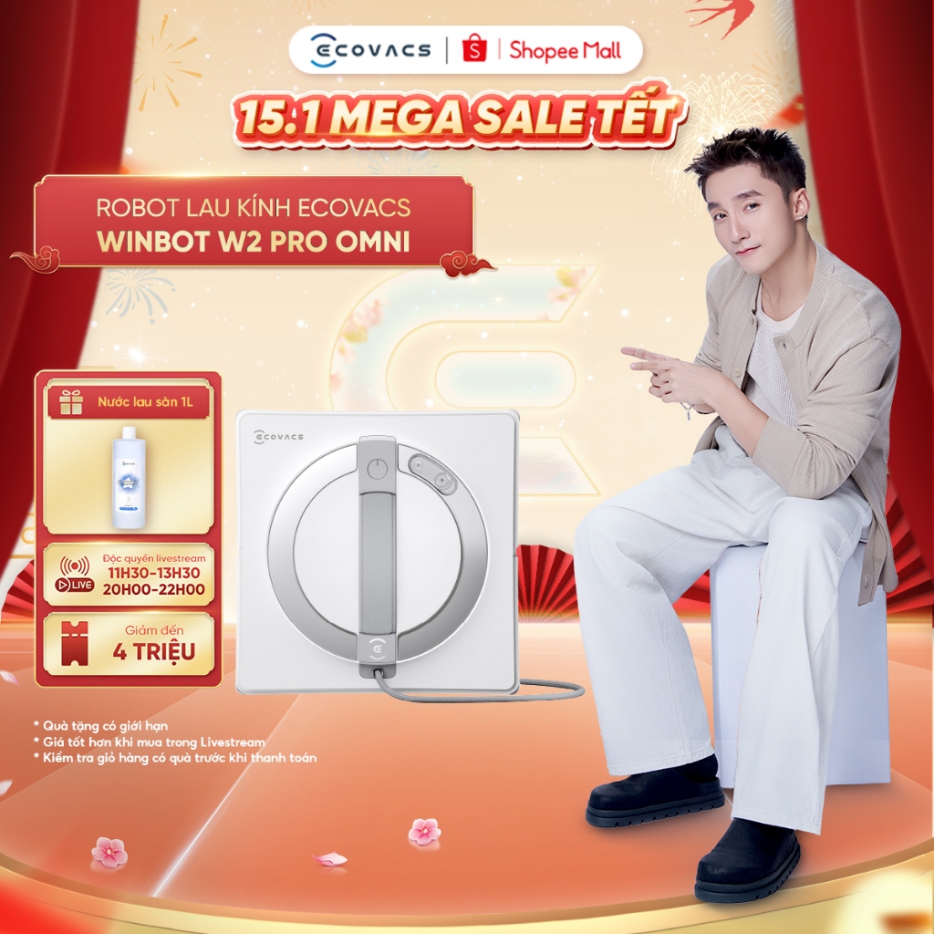 Robot lau kính Ecovacs Winbot W2 Pro Omni - Bảo vệ chống rơi - Công nghệ phun sương góc rộng với 3 v