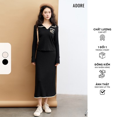512SK2038 - Chân váy midi len đen/kem chạy diềm gấu ADORE