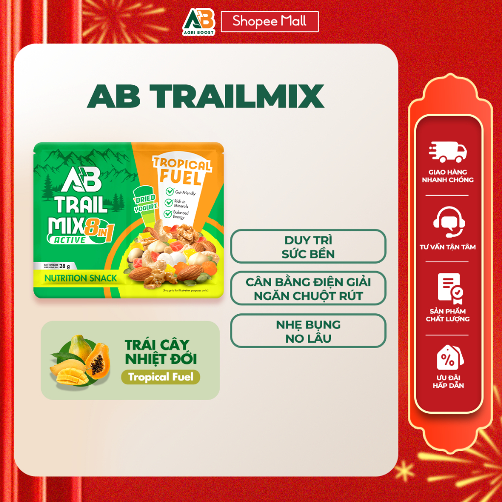 Hạt Dinh Dưỡng Trail Mix Trái Cây Sấy AB AGRI BOOST NUTRITION Túi 28g Lành Mạnh Khi Chơi Thể Thao