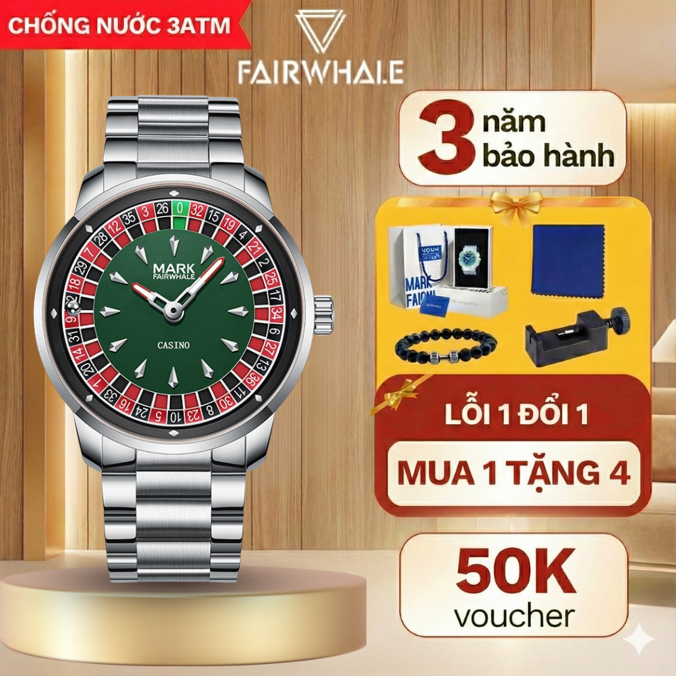 [Mark FairWhale] Đồng hồ đeo tay nam MARK FAIRWHALE chính hãng dây thép Size 43mm thiết kế phong các