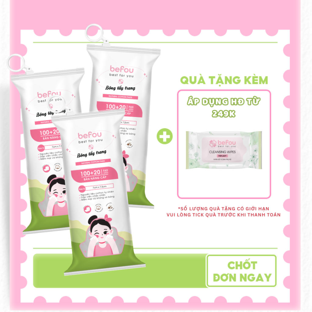   COMBO 3  Bông Tẩy Trang Cotton Befou Vuông Size To 100 Miếng - 120 Miếng 