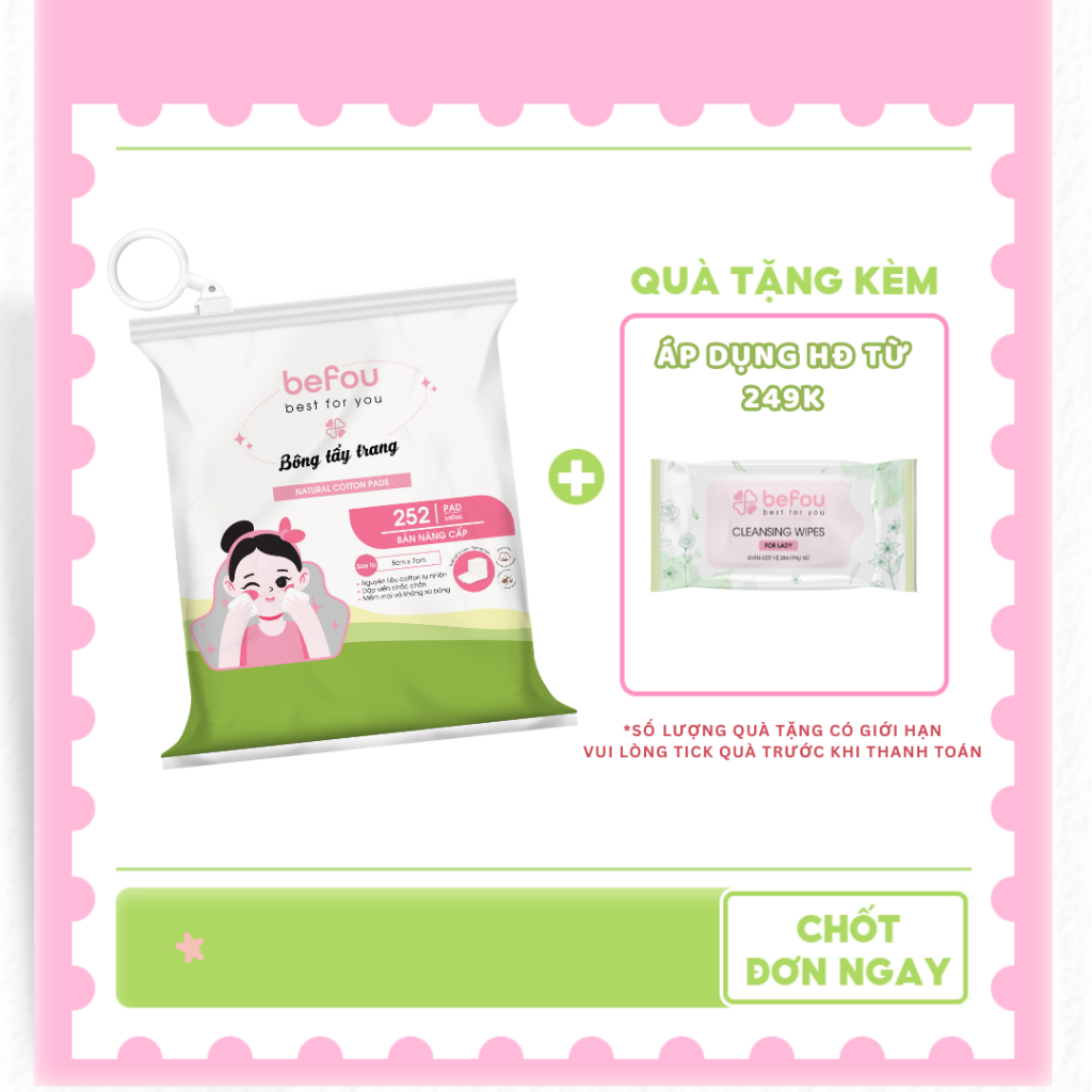 Bông Tẩy Trang Cotton Befou 252 Miếng Vuông