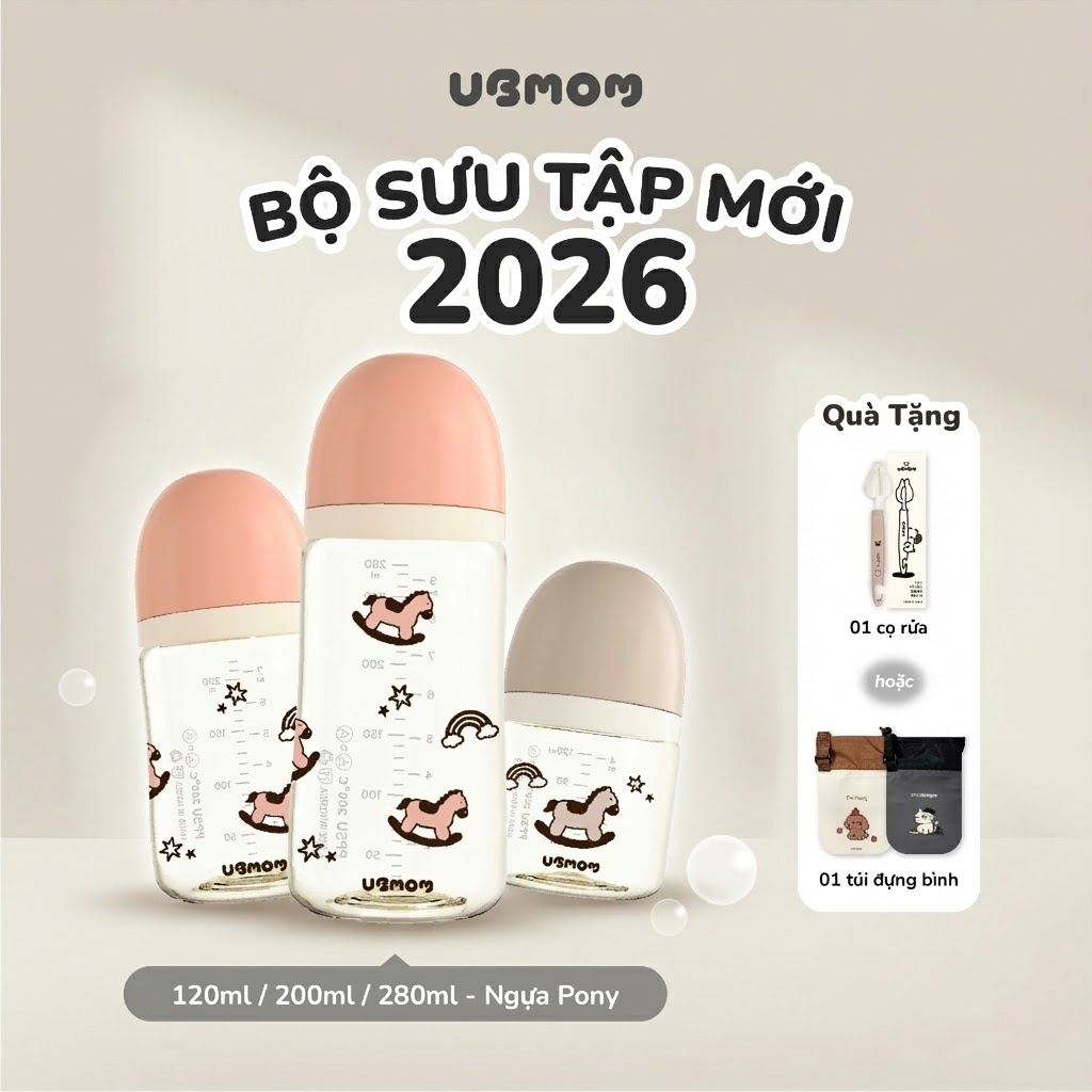 Bình PPSU UBMOM Họa Tiết Con Ngựa Dễ Thương 120ml/ 200ml / 280ml - Chống Sặc, Chống Tràn, An Toàn Ch