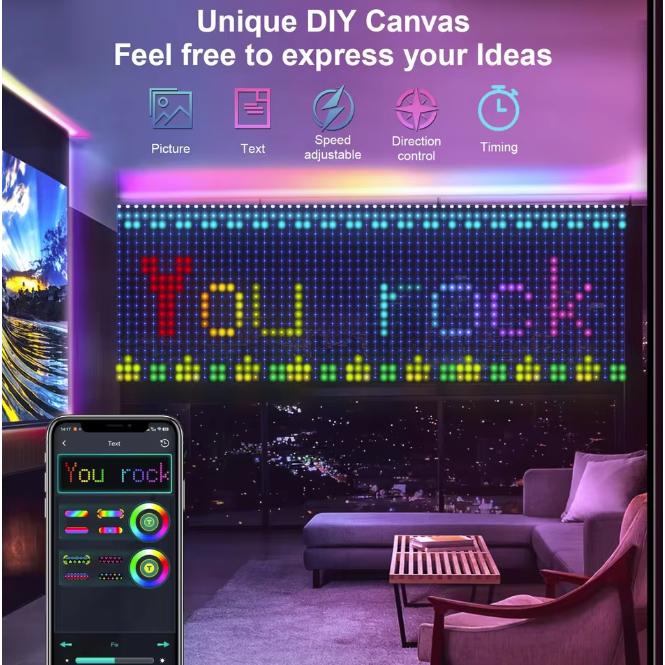 Led rèm Đèn Rèm Chạy Chữ, Hình Ảnh Động Cảm Biến Âm Thanh có App điều khiển 400 mắt Led ARGB Trang T