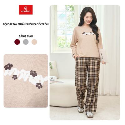 Đồ bộ nỉ nữ CARDINA áo dài tay cổ tròn và quần kẻ suông 5BTD07