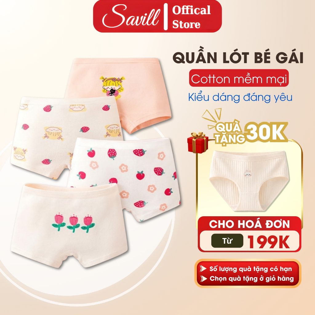 Combo 4 Quần lót bé gái dáng đùi đáng yêu, Quần chip trẻ em cotton co giãn thỏa mái SAVILL L8026