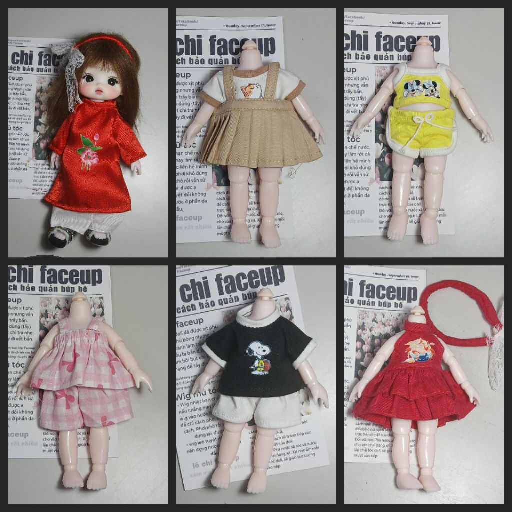 Áo dài, đầm yếm tết cho búp bê 16cm , 17cm, doll 5in bánh gạo baboliy 1/8