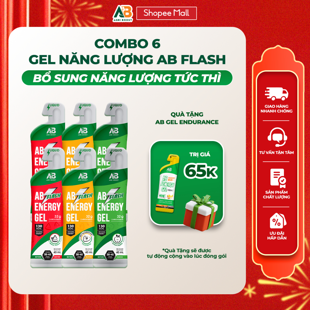 COMBO 6 Gói Gel Năng Lượng Chạy Bộ AB NUTRITION AB Flash Nước Uống 45g Năng Lượng Tức Thì Cho Người 