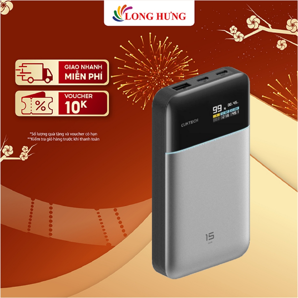 Sạc dự phòng Cuktech Power Bank 15 Air 1USB 2Type-C 100W 15000mAh PB150S - Hàng chính hãng